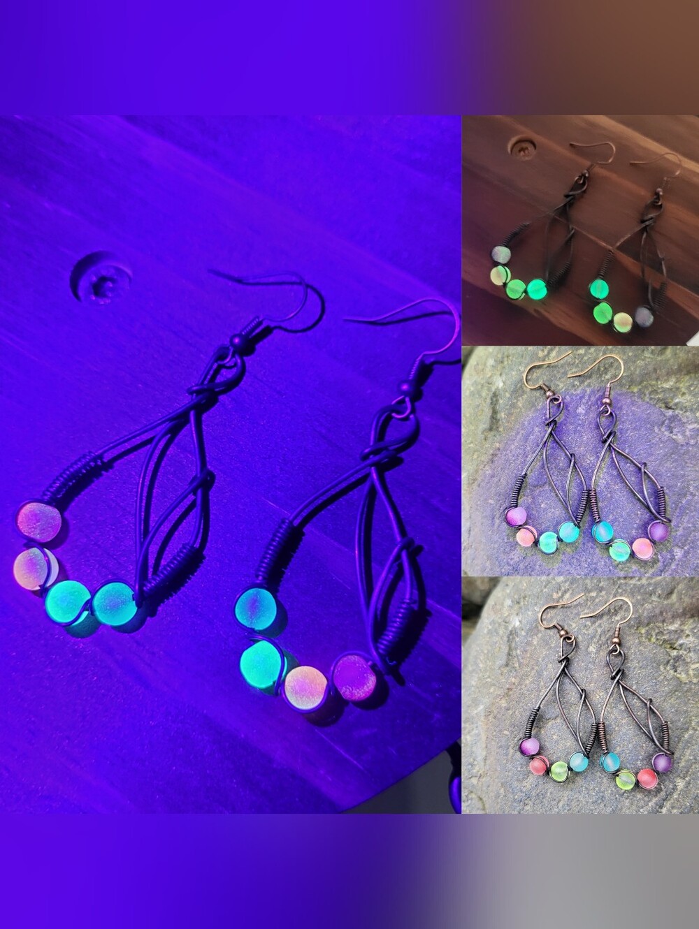 Handcrafted Copper Wire Wrap UV Reactive Glass Bead Earrings